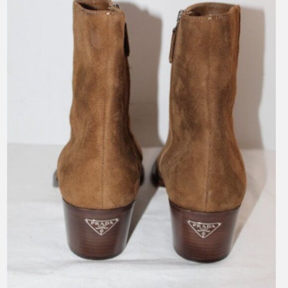 NEW PRADA Brown Suede Leather Western Boots Booties Side Zip Logo Heel 38.5 - Picture 7 of 9